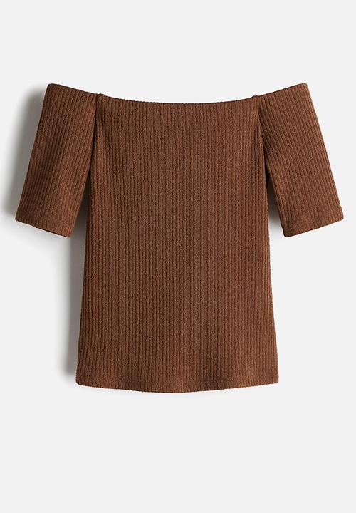 H&M - Rib-knit off-the-shoulder top - brown