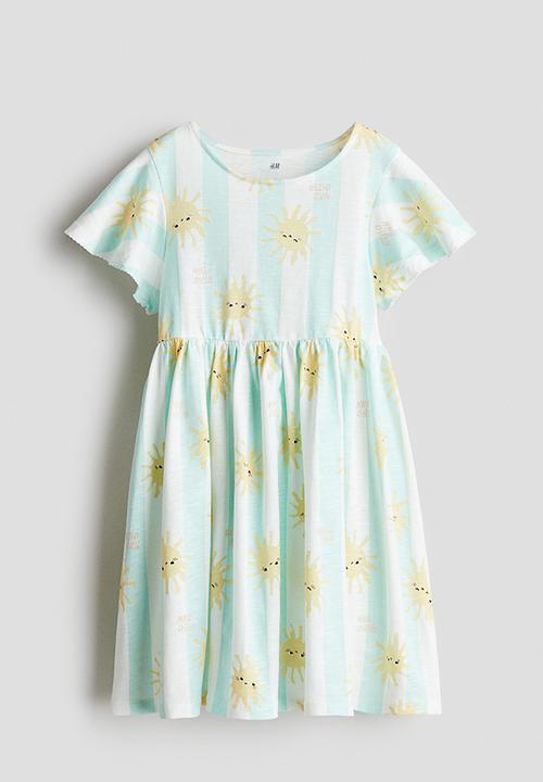 H&M - Flutter-sleeved cotton dress - light turquoise striped