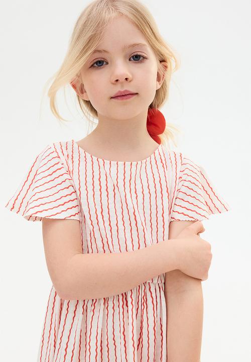 H&M - Flutter-sleeved cotton dress - cream & red striped