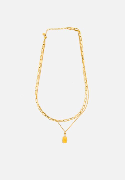Burnt  - Stacked necklace with paperclip & charm - gold