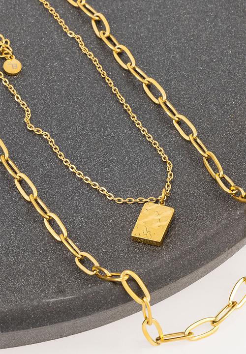 Burnt  - Stacked necklace with paperclip & charm - gold