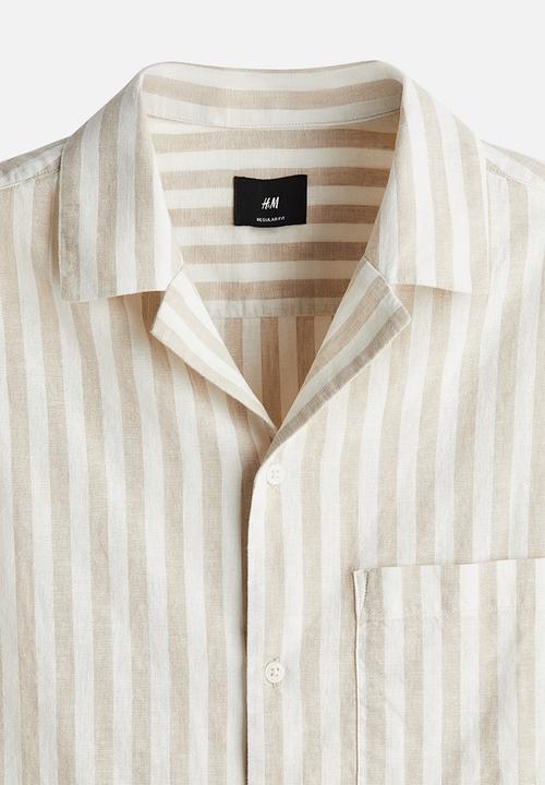H&M - Regular fit short-sleeved linen-blend shirt - beige/white striped