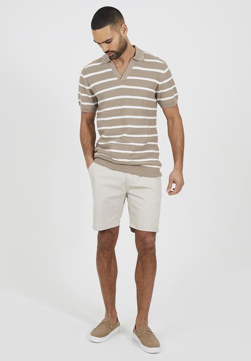 Brave Soul - Short Sleeved Open Collar Polo - Stone & Off White