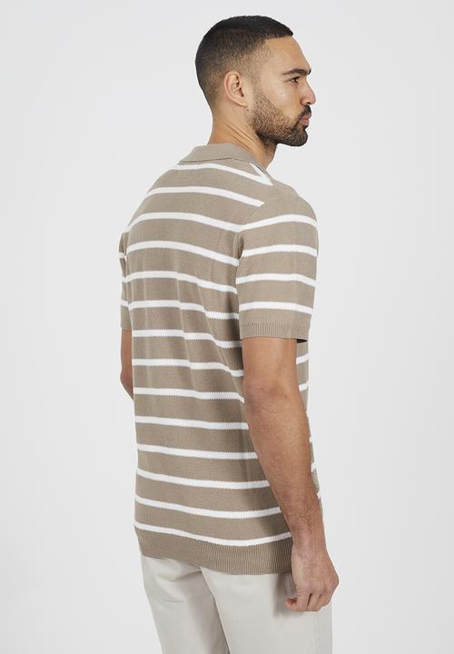 Brave Soul - Short Sleeved Open Collar Polo - Stone & Off White