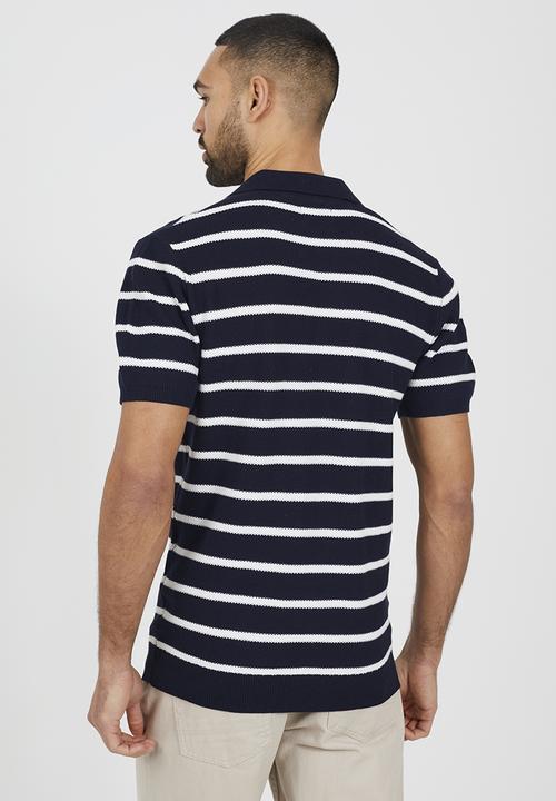 Brave Soul - Short Sleeved Open Collar Polo - Midnight Navy & Vintage White