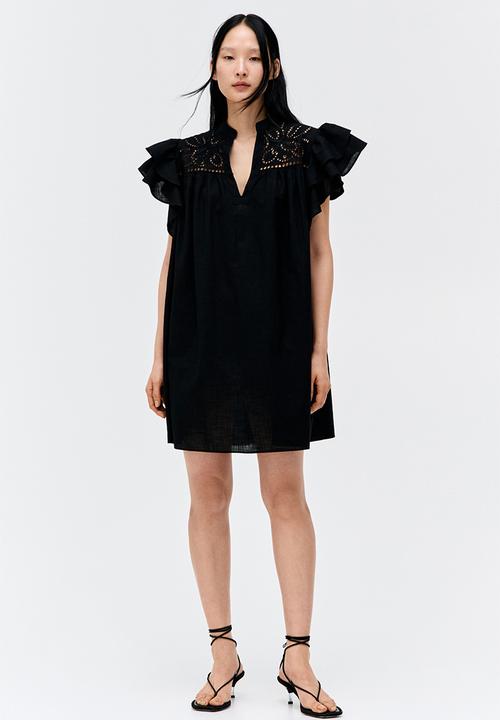 H&M - Flutter-sleeve dress with broderie anglaise - black
