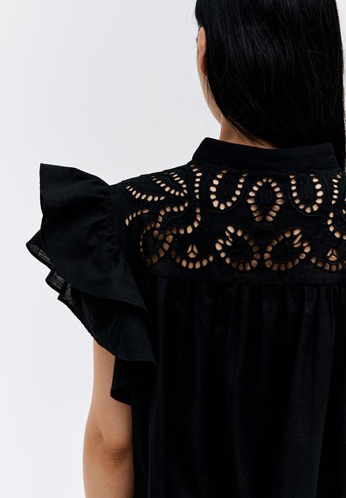 H&M - Flutter-sleeve dress with broderie anglaise - black