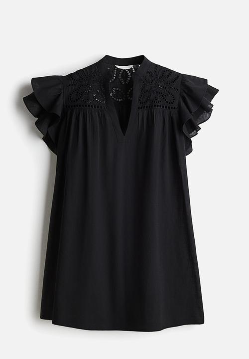 H&M - Flutter-sleeve dress with broderie anglaise - black