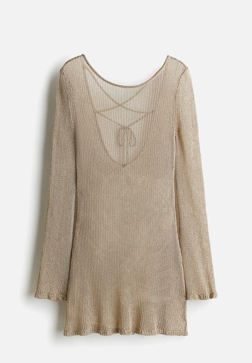 Tie-back beach dress - dark beige - 1277044004