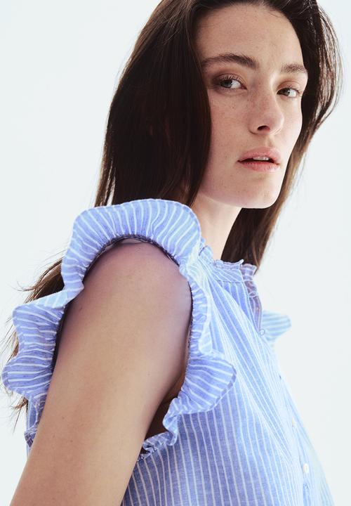 H&M - Linen-blend blouse - light blue striped