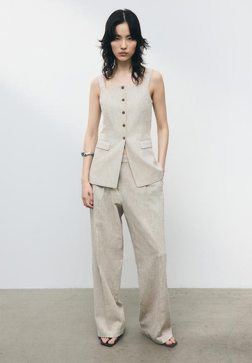 H&M - Wide linen-blend trousers - beige marl
