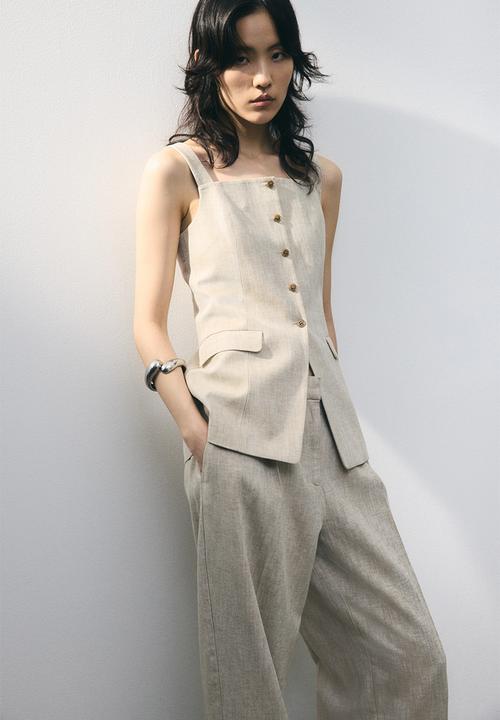 H&M - Wide linen-blend trousers - beige marl