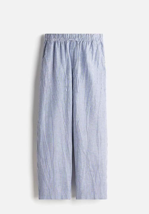 H&M - Linen-blend drawstring trousers - dark blue & white striped