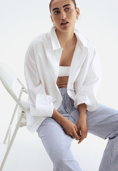 H&M - Linen-blend drawstring trousers - dark blue & white striped