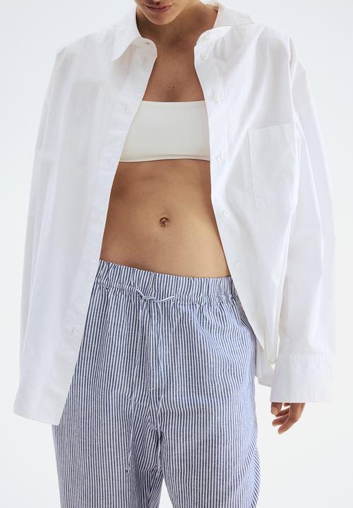 H&M - Linen-blend drawstring trousers - dark blue & white striped