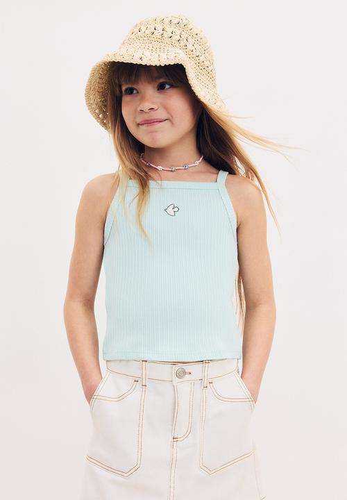 H&M - Embroidery-detail strappy top -  light turquoise/bird 