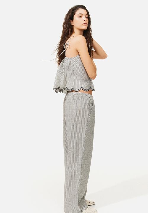 H&M - Embroidered tie-strap top - white & black striped