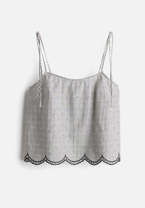 H&M - Embroidered tie-strap top - white & black striped