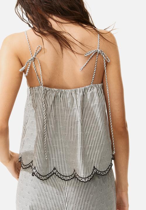 H&M - Embroidered tie-strap top - white & black striped