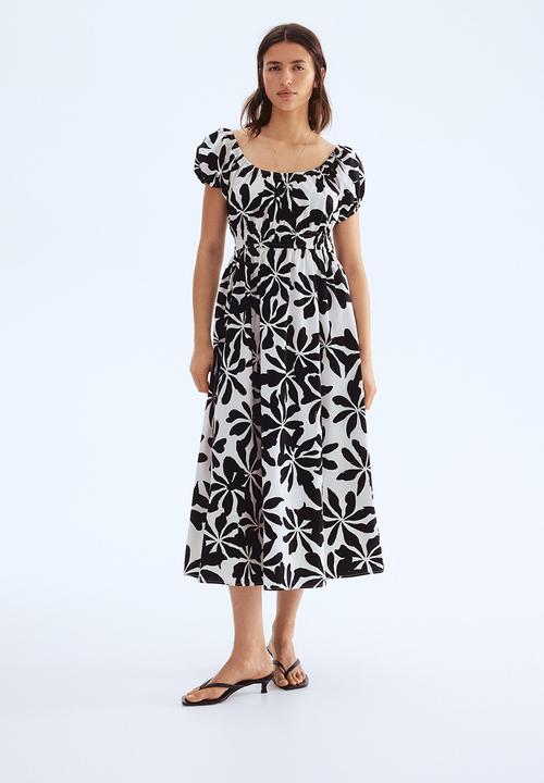 H&M - Off-the-shoulder poplin dress - white & black floral