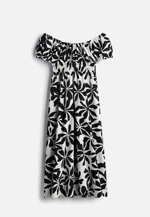 H&M - Off-the-shoulder poplin dress - white & black floral