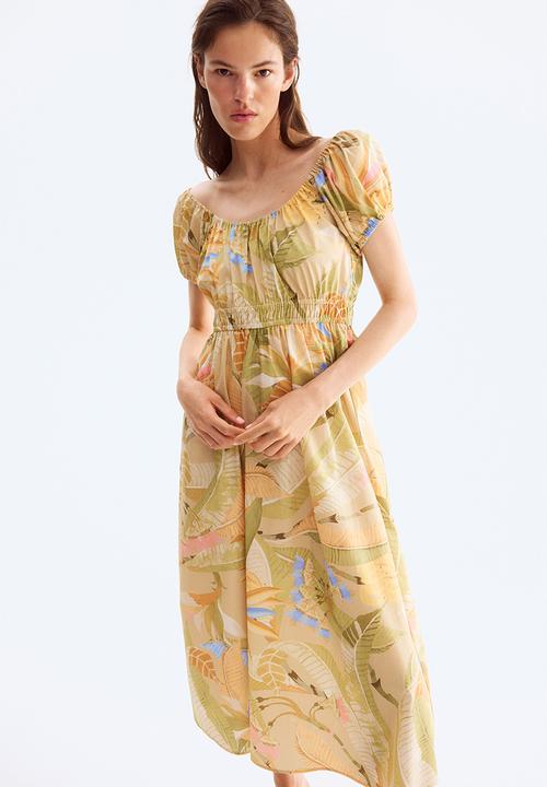 H&M - Off-the-shoulder poplin dress - beige floral