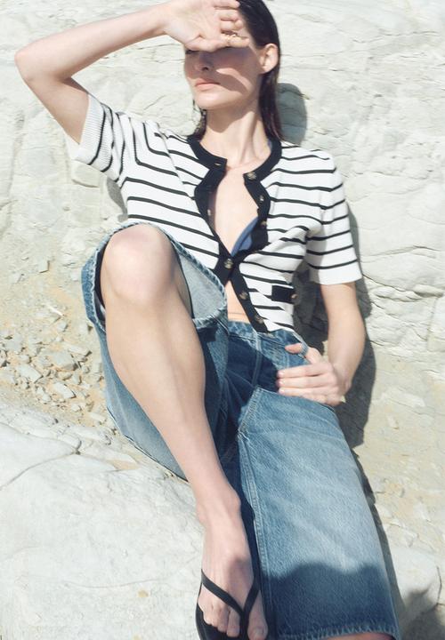 H&M - Short rib-knit cardigan - white/black striped