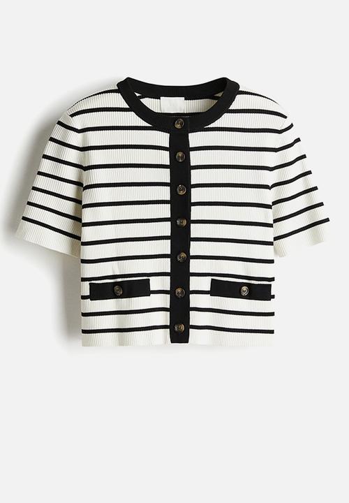 H&M - Short rib-knit cardigan - white/black striped
