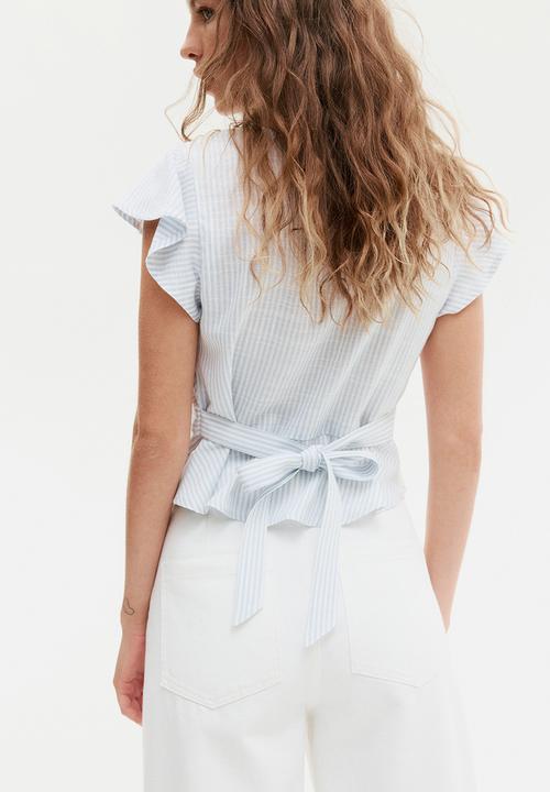 H&M - Linen-blend blouse - light blue/striped