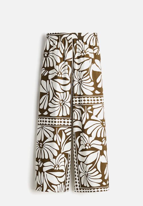 H&M - Wide pull-on trousers - brown & white patterned