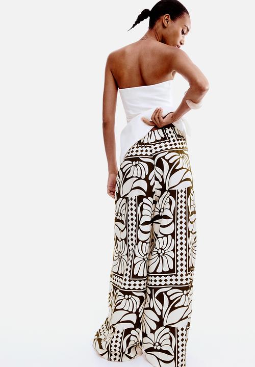 H&M - Wide pull-on trousers - brown & white patterned
