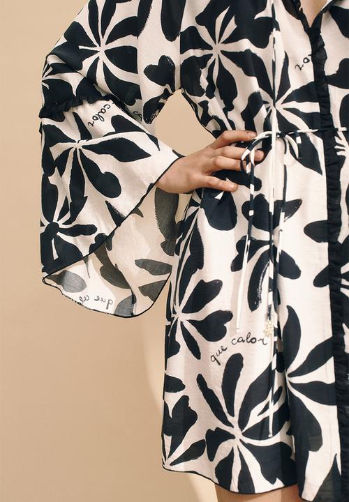 H&M - Trumpet-sleeved tunic dress - white/black floral