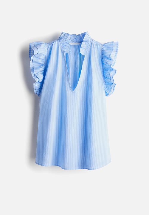 H&M - Frill-trimmed blouse - light blue striped