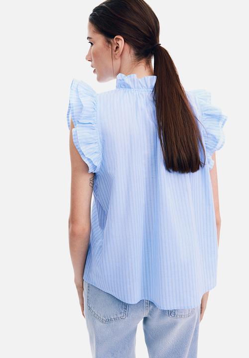 H&M - Frill-trimmed blouse - light blue striped