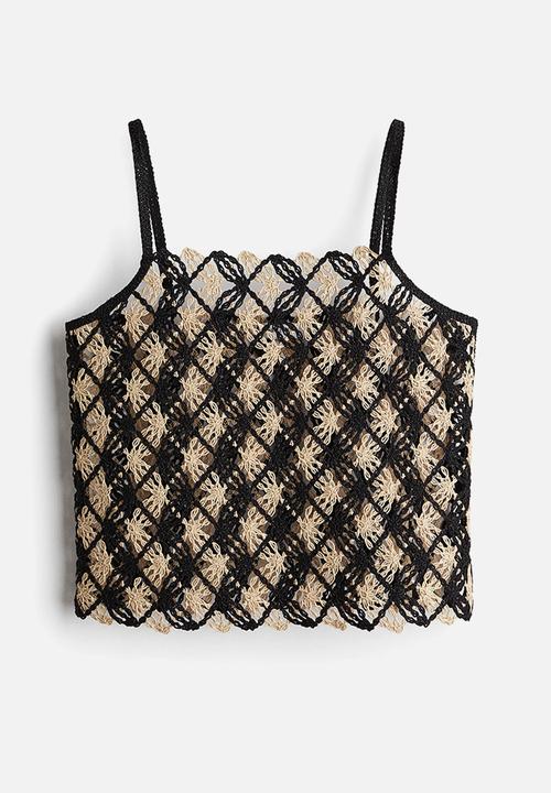 H&M - Crochet-look strappy top - black/light beige