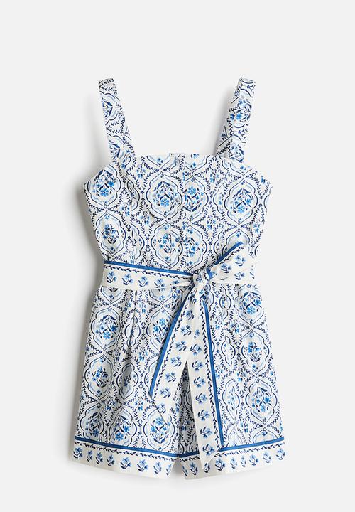 H&M - Cotton poplin playsuit - white & blue patterned