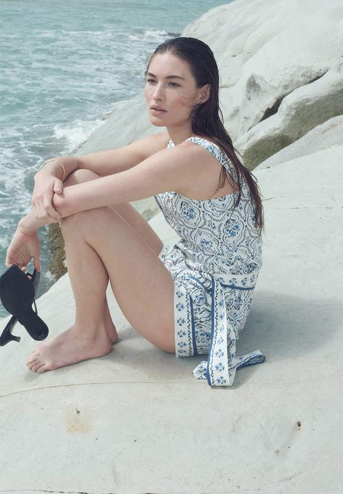 H&M - Cotton poplin playsuit - white & blue patterned