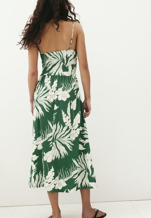 H&M - Smocked strappy dress -green/white floral 
