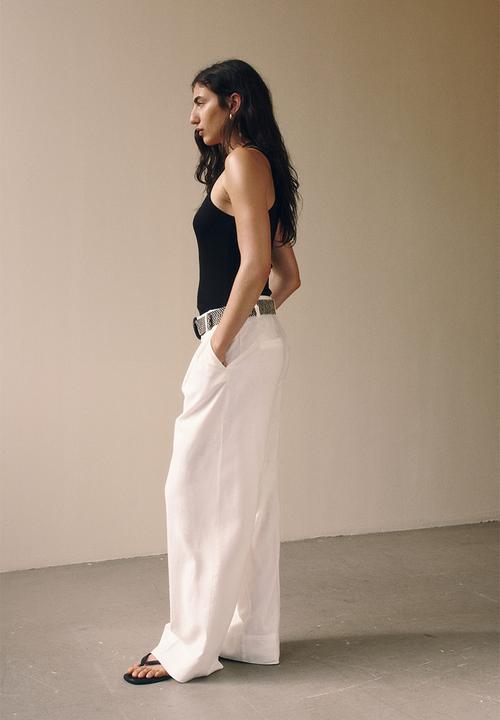 H&M - Linen-blend belted trousers - white