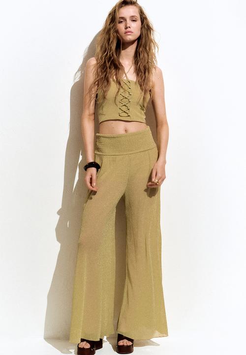 H&M - Glittery smocked-waist trousers - dusty yellow