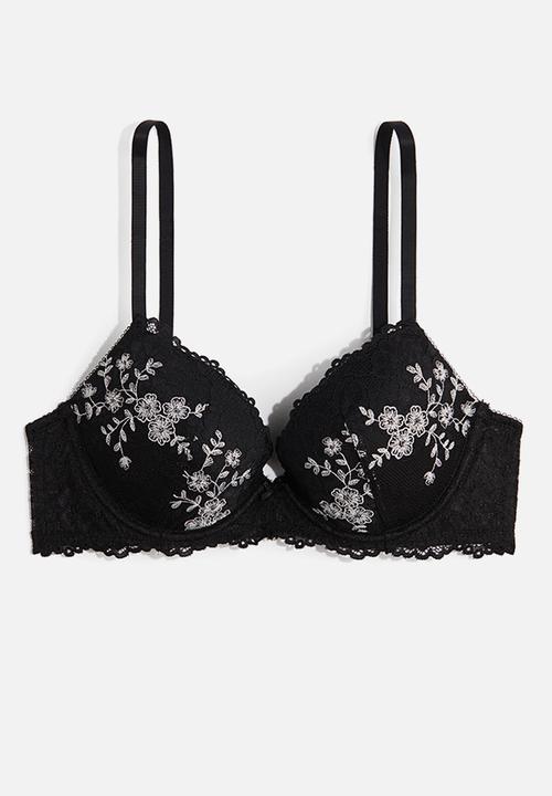 H&M - Embroidered lace push-up bra - black