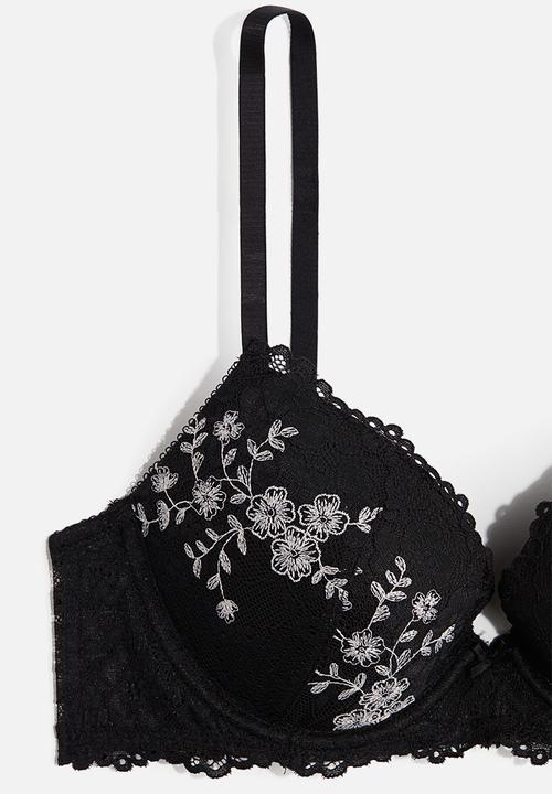 H&M - Embroidered lace push-up bra - black