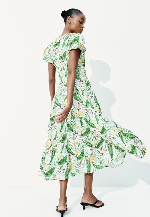 H&M - Tiered-skirt poplin dress - white/floral 