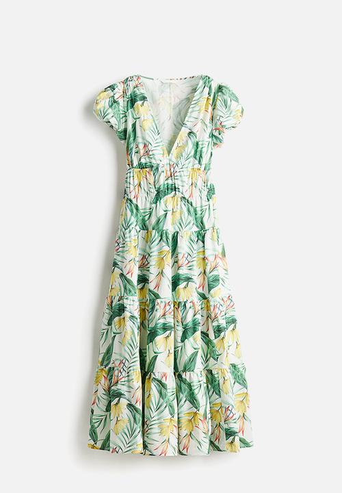 H&M - Tiered-skirt poplin dress - white/floral 