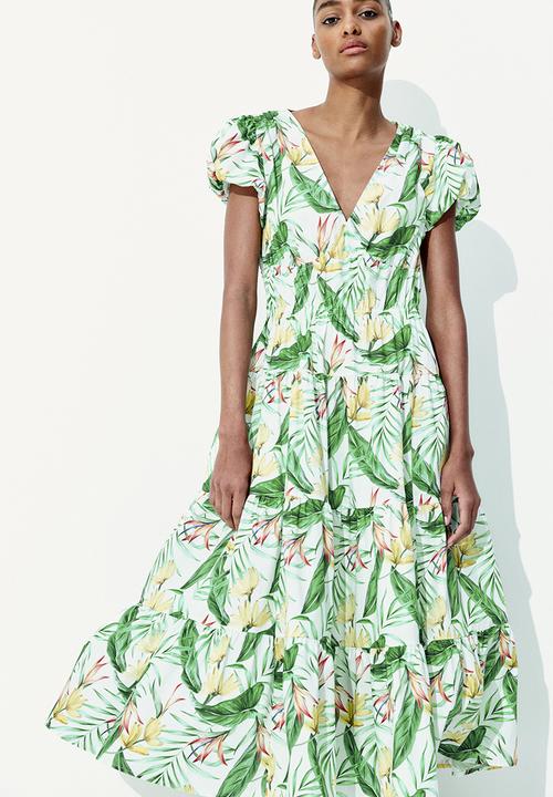 H&M - Tiered-skirt poplin dress - white/floral 