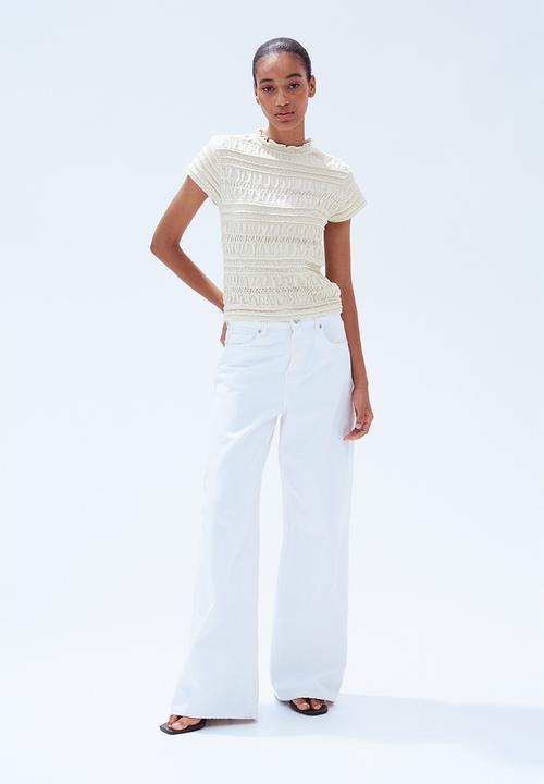 H&M - Smocked pointelle-knit top - cream