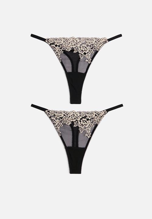 H&M - 2 pack lace tanga thong briefs - black & cream