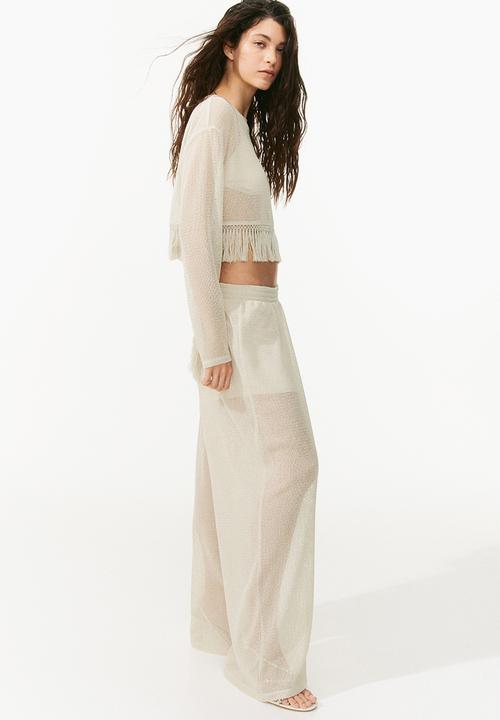 H&M - Wide hole-knit trousers - light greige 