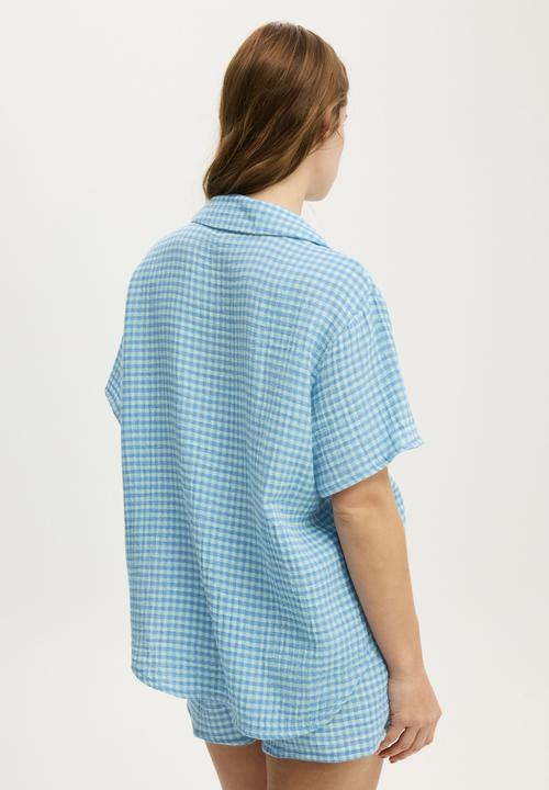 Cotton On - Relax short sleeve sleep set - flossy gingham hazy mint/adrift blue