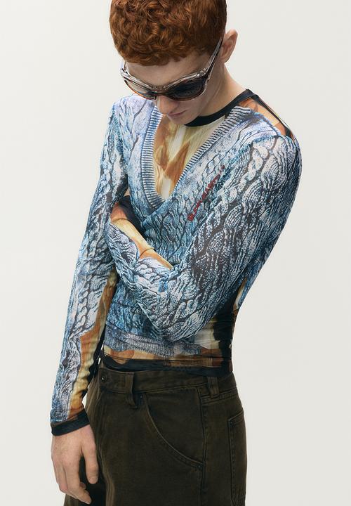 H&M - Glenn Martens H&M: Printed mesh top - blue